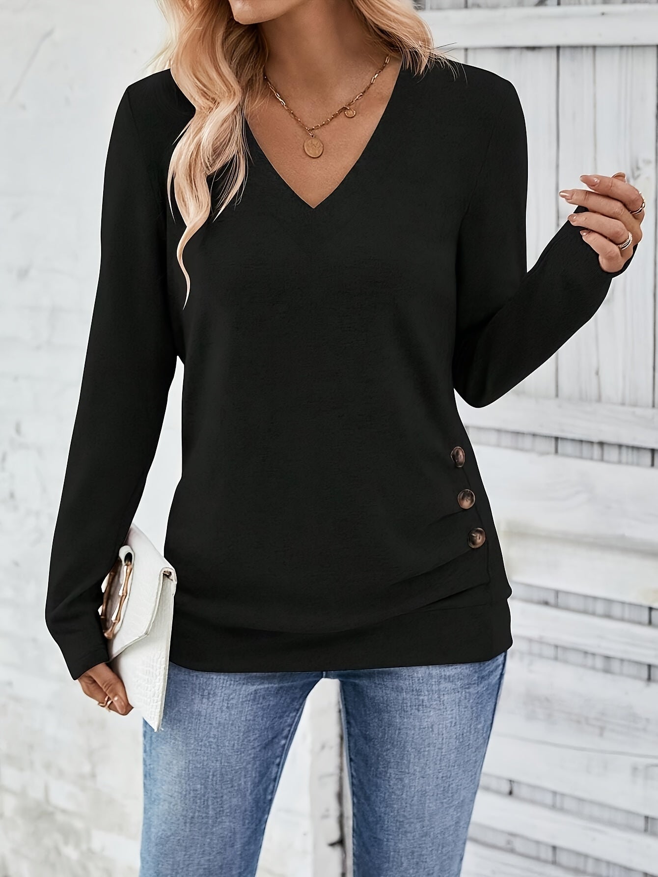 Clémence™ | T-shirt Élégant à Manches Longues avec Détail Bouton