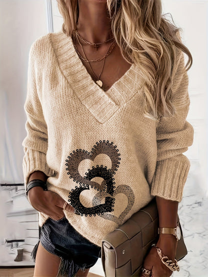 Amélie™ | Pull Décontracté à Col en V avec Motifs Cœur