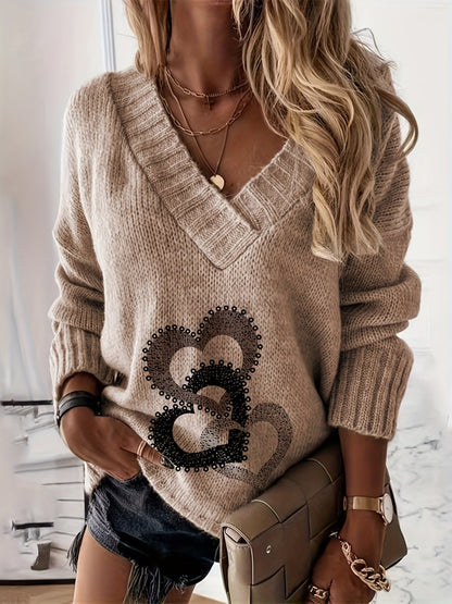 Amélie™ | Pull Décontracté à Col en V avec Motifs Cœur